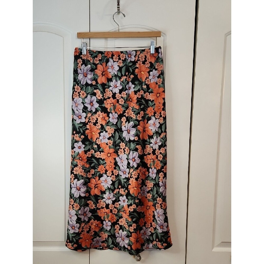 Anthroplogie Abel The Label Floral Midi Skirt Black Orange Purple Foral Size L